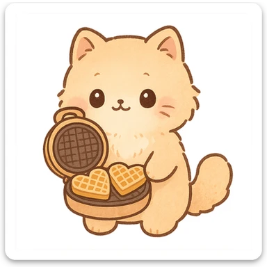chibi style soft fluffy cat as a waffle maker, showing heart-shaped waffles, pastel orange, full-body sticker