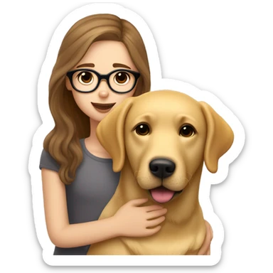 Golden Labrador retriever cuddles with a girl with brown  hair, glasses,  Lush eyelashes and a nose piercing sticker