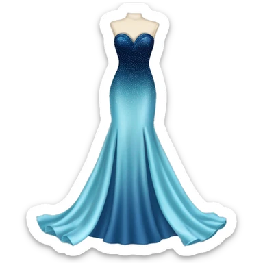 Realistic isolated long slim pastel blue formal party satin dress with gradient shiny sparkling navy blue diamonds embroidered on it. sticker