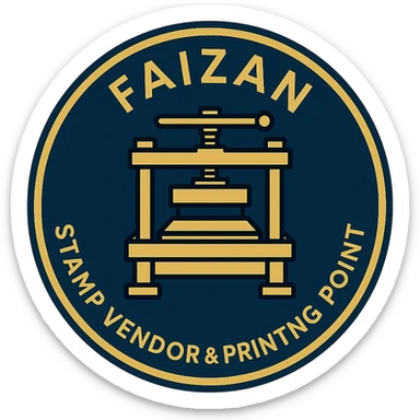 logo for 'Faizan Stamp Vendor & Printing Point', circular badge style, vintage printing press motif, gold and navy colors, elegant and established feel sticker