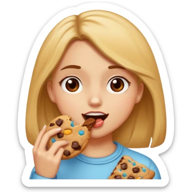 Girl eating a cookie thats bit into sticker