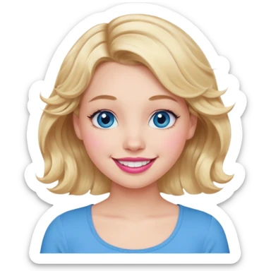Girl Blonde short wavy hair,  blue eyes, cute blue top, long lashes, pink lips, 👄 big smile sticker