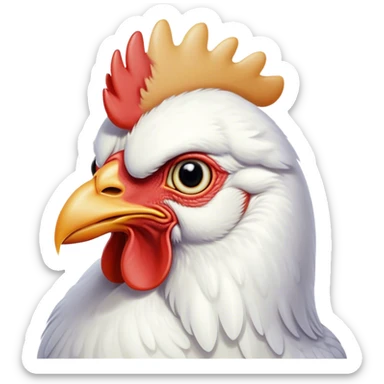 Cinematic Noble White Chicken Portrait Emoji, Poised and regal, with a compact, sturdy build and a pristine, well-groomed pure white plumage, deep-set soulful beady eyes, Simplified yet sharp and sophisticated features, highly detailed, glowing with a soft, dignified glow, high shine, intelligent and alert, stylized with an air of barnyard elegance, focused and attentive, soft glowing outline, capturing the essence of a watchful and confident fowl, so majestic it feels as though it could strut out of the screen with effortless authority! sticker
