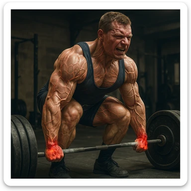 European powerlifter in deadlift position, muscles and nerves expanding with visual effect, reddened and swollen wrist ligaments, effort and risk atmosphere, realistic details, gym background sticker