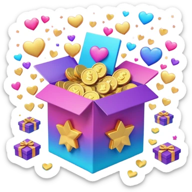 3D open gift box with Instagram logo, gold coins, hearts, stars, documents floating out, smiling human faces around, vibrant pink blue purple gradient, glossy modern style, premium marketing banner sticker