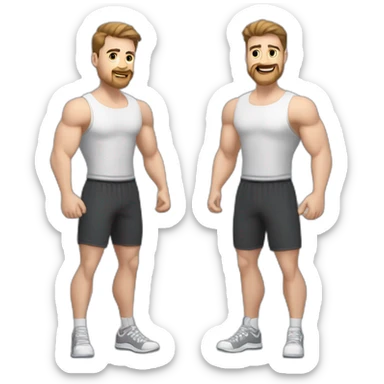 Full height Actively gesturing with hands Pale skinned Fit Man With the biceps and brown hair in dark gray Sleeveless Mike, black oversize sports shorts, watch and white Sneakers sticker