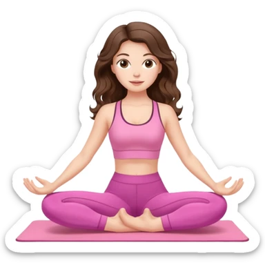 White, brown -eyed, brunette cute feminine lady emoji with wavy long hair doing pilates wearing pink pilates fit sticker