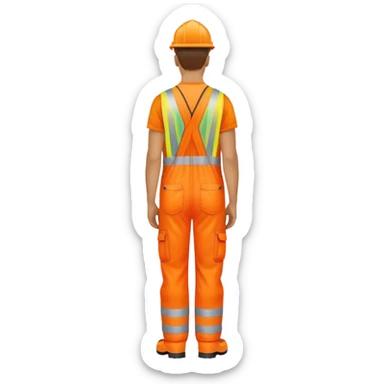 man standing facing backwards wearing orange hi visibility overalls  sticker