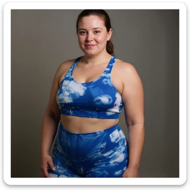 Realistic style image of a woman in sportswear inspired by the reference photo, showing evident water retention and swelling on the abdomen and hips, natural pose, neutral background. sticker