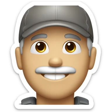 smiling boy in baseball cap with reed dish gray hair and mustache sticker