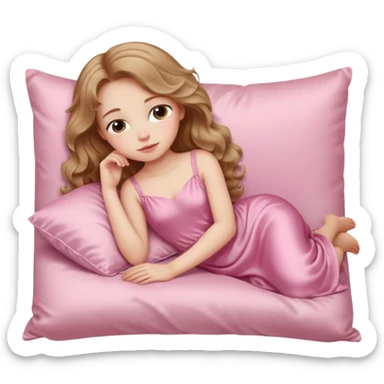 Sleeping beauty pale-skinned girl with light brown wavy hair, resting peacefully on a soft pink silk pillow on her side, wearing a pastel pink dress sticker