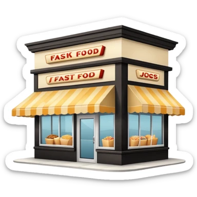 front of fast food building with awning, windows, and a glass door in the center. The building is a creme color with no decorations sticker