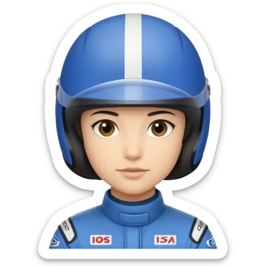 A light-skinned person with short dark hair, wearing a blue racing helmet and an oval face with a neutral look. sticker
