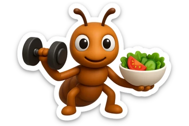 EMOJI STILE IPHONE 3D DI UNA formica CHE ha un manubrio da palestra nella mano destra e un insalata nella mano sinistra, FAGLI GLI OCCHI CON LA PARTE BIANCA, NON SOLO LA PUPILLA sticker