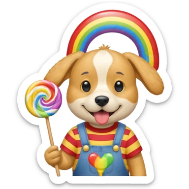 Generate a emoji of a dog with a comically large rainbow swirly lollipop with a goofy silly propeller hat, make the dog wear a striped bright yellow, red, and blue shirt with jean overalls sticker