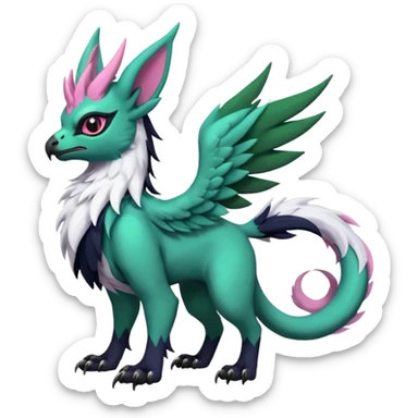 Dark-deep-Emerald-green gryphon-Trico-Nargacuga-Absol-Leafeon-Sprigatito-fusion-hybrid with a long tufted tail, black beak, pink accents, black claws, black tail, majestic, realistic, furry (full body) sticker