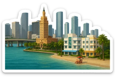 cinematic, realistic emoji of Miami, featuring a wide city view with iconic landmarks such as the Miami skyline, Freedom Tower, South Beach Art Deco buildings, and Biscayne Bay, with lifelike detail, accurate colors, bright daytime lighting, fully transparent background with no sky and no clouds sticker