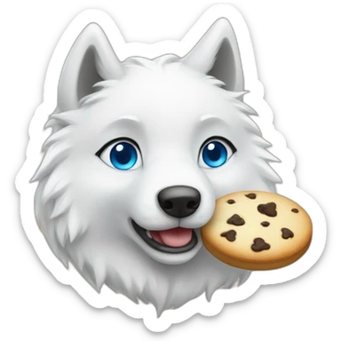 A cute white wolf with blue eyes, eating a single delicious cookie sticker
