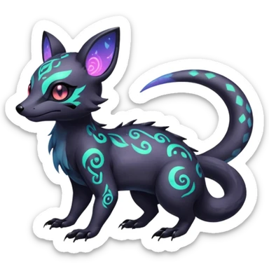 Rare neon iridescent white exotic cute epic aesthetic gothic colorful Salandit-Eevee-Civet-species-Fakemon-hybrid-creature, with intricate tattoo markings, full body sticker