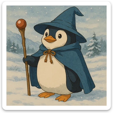 Add a snowy landscape background behind the penguin wizard, keep all original colours and lighting sticker