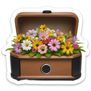 a Roomba positioned in a tiny casket with flowers sticker