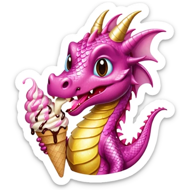 A shiny, glittery dragon in pink tones eats vanilla and chocolate ice cream sticker
