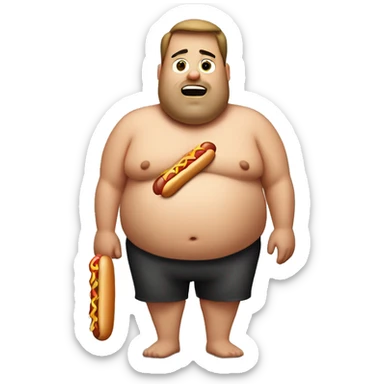 Shirtless Fat man with poor posture holding a hotdog  sticker