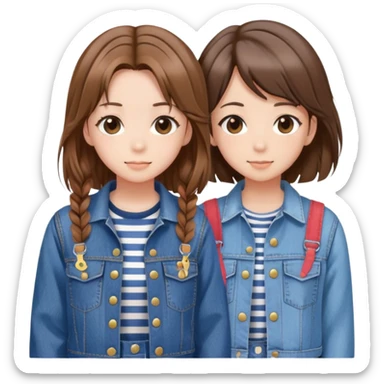 Two anime best friend girls with brown hair, one in striped shirt and denim jacket, one in denim overalls with hair clip sticker