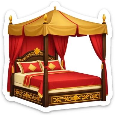 bed with red and gold sheets, wooden, canopy, simple, dark sticker