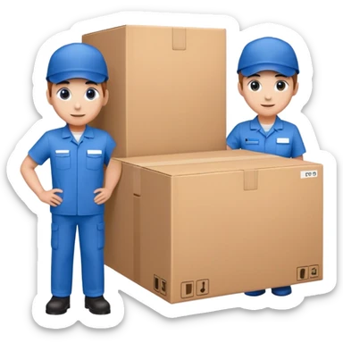 two suppliers standing together holding a big box, both wearing blue caps and blue work uniforms sticker