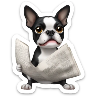 black and white boston terrier with a newspaper sticker