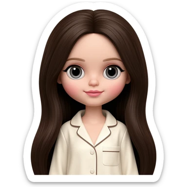 Make me an emoji that is wearing pajamas maker her a Blythe doll type emojiMake her hair longer Make her hair darker Make her hair a darker brown give her pale skin sticker