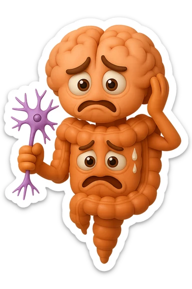 EMOJI STILE IPHONE DI UN INTESTINO collegato verticalmente ad un cervello mentre tiene in mano un neurone, espressione stressata, IPERREALISTICO 4K sticker