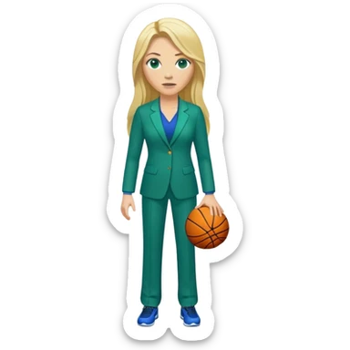 Full Body white female basketball head coach with long blonde hair in a blue and green suit sticker