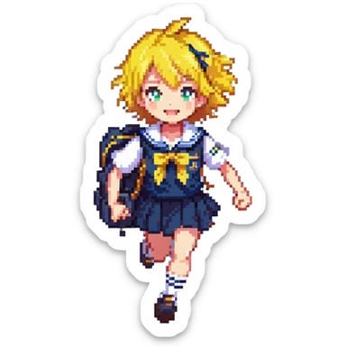 Pixel art anime girl with short bright yellow hair wearing Japanese sailor style school uniform, running energetically with school bag, happy determined expression sticker