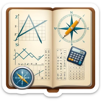 An icon featuring mathematical formulas, a calculator, and geometric shapes, symbolizing mathematics. The design includes a compass, a ruler, and a graph, representing the study of numbers, equations, and spatial relationships. Transparent background highlights the precision and logic of math. sticker
