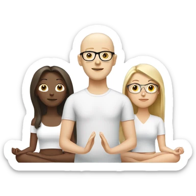 A white blonde person, a white brunette person and a brown bald person with glasses meditating with each other  sticker