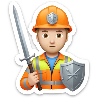 Telecoms engineer in orange hi vis and hard hat with sword and shield sticker