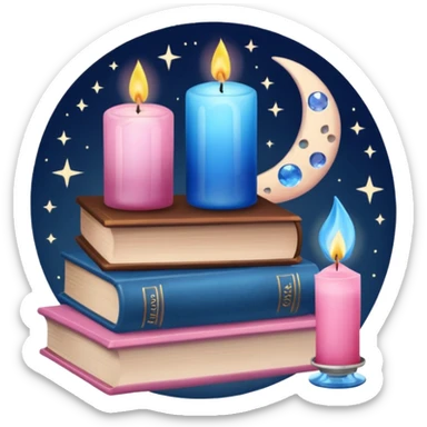 stack of books with a blue candle, pink crystal and brown moon mug. sticker