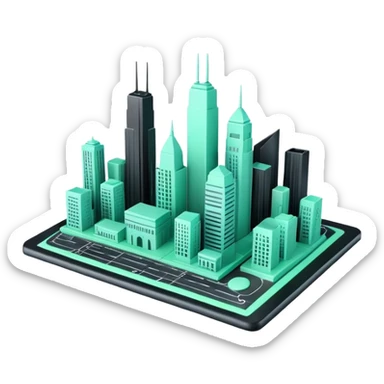Urbanisme & Aménagement (Urban Planning), 3D techy icon with black and mint green (#B5F4D3) color scheme, city skyline with blueprint sticker