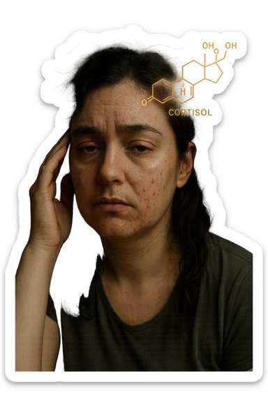 realistic and cinematic portrait of a woman with PCOS showing symptoms of stress, fatigue, insomnia, acne, hirsutism, irregular cycle, visual elements representing elevated cortisol hormone, no background, 2:3 aspect ratio sticker