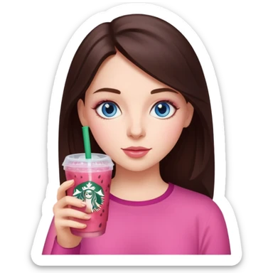 make an emoji of a brunette blue eye girl wearing pink drinking a strawberry acai refresher from starbucks sticker