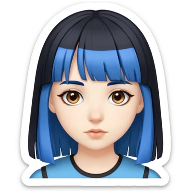 Pale girl with brown eyes, black hair, with two strips of blue hair and bangs sticker