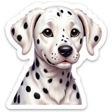 Cinematic Cute Spotted Dalmatian Portrait Emoji, Head tilted playfully and inquisitively, featuring a glossy Fur of predominantly white with dynamic black patches, round, sparkling eyes filled with gentle curiosity, Simplified yet irresistibly adorable features, highly detailed, glowing with a warm, friendly glow, high shine, affectionate and gentle, stylized with a touch of whimsy, bright and endearing, soft glowing outline, capturing the essence of a mischievous yet loving pup, so playful it feels like it could lumber out of the screen and into your arms! sticker