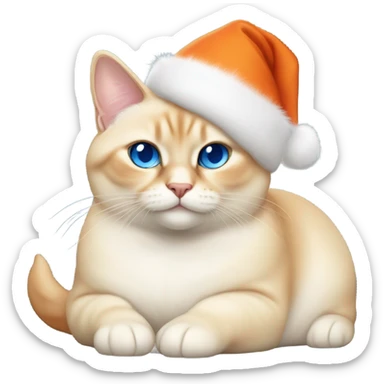 chubby fat, flame point Siamese, with white fur with orange accents, and blue eyes, smiling, wearing a red christmas hat  sticker