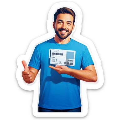 Man with pacific blue t-shirt that make a scan to a ticket sticker