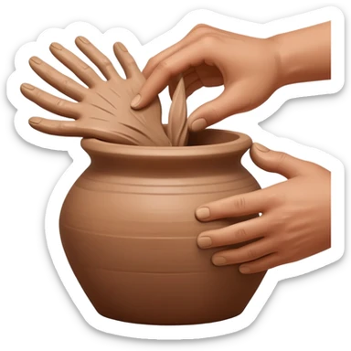 Hands making pottery, one hand inside clay vessel, one hand outside, pinching and lifting clay on a spinning pottery wheel sticker