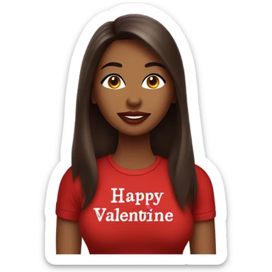 brown lady, dark brown long straight hair, red lips, eyelashes, wearing red “happy Valentine’s Day” t shirt sticker