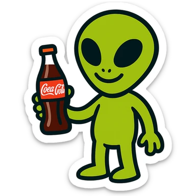 cartoon alien holding a Coke bottle, smiling sticker