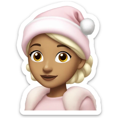 Ariana grande in a light pink christmas outfit wearing a light pink christmas hat with short light cold blonde hair sticker